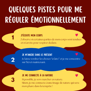 Quelques pistes pour me réguler émotionnellement : - j'écoute mon corps - je m'ancre dans le présent - je me conneste à la nature
